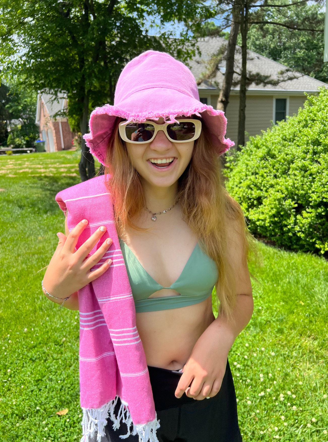 Turkish Towel Pink Hat Sunglasses Going to Pool Party